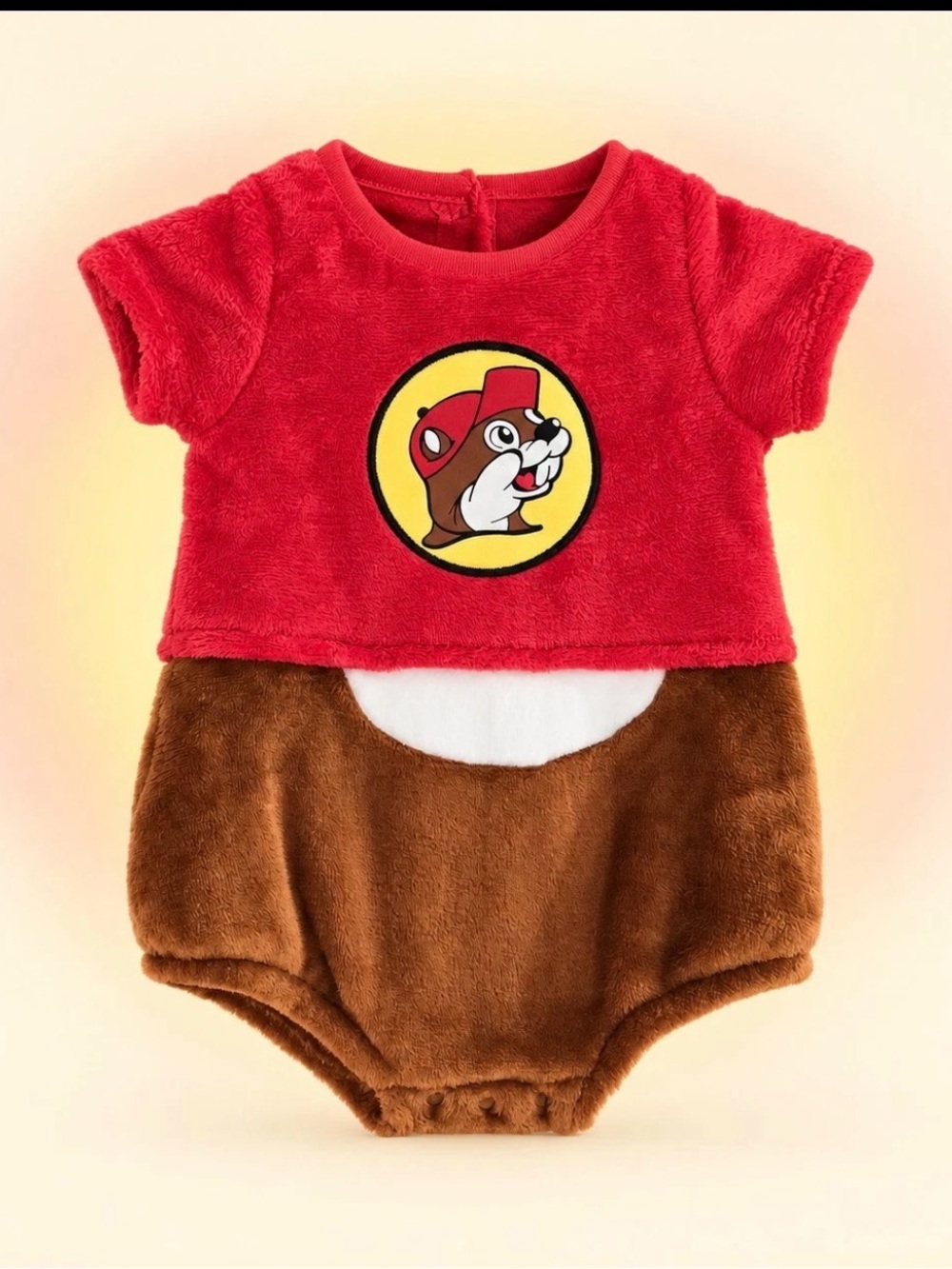 Buc-ees Baby Beaver Plush Union Bubble Romper.
Sz. 9 months. Costume.
